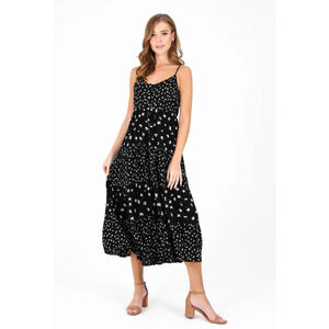 PATRONS OF PEACE Dress M Midi Button Front Adjustable Strap Tiered Floral Black